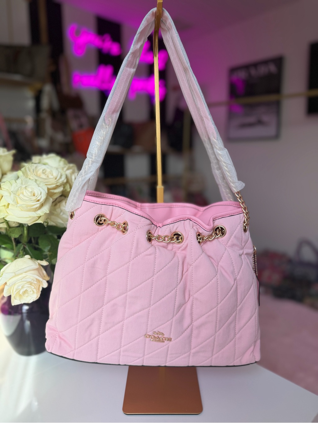 Nwot Coach Evelyn Shoulder Bag Quilted Denim Pink Gold Chain Cer79 New No Tags